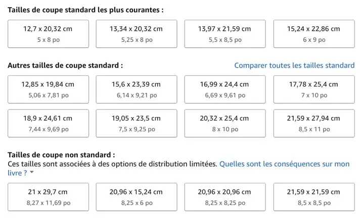 taille livre amazon kdp